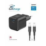 SWISSTEN MREŽNI ADAPTER GaN 1x USB-C 20W POWER DELIVERY CRNI + DATA KABEL USB-C/USB-C 1.2 M CRNI